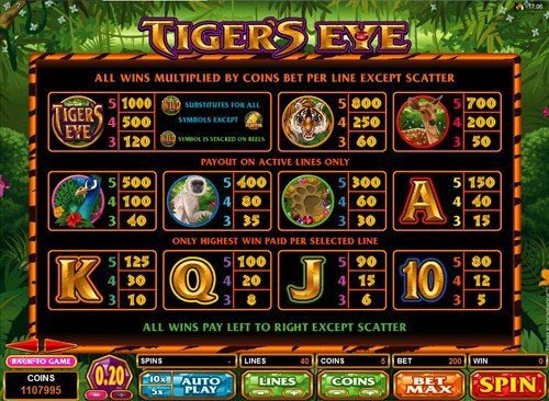 Tiger’s Eye Slot Paytable